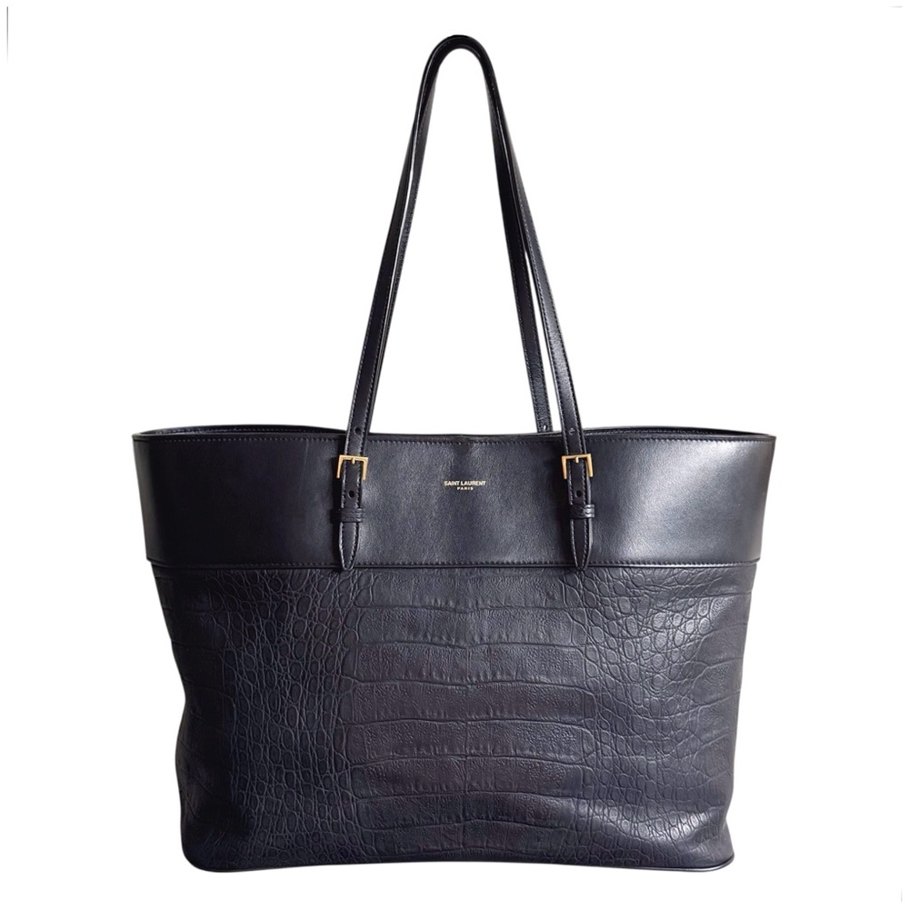 Saint Laurent Black Croc-Embossed Leather Tote